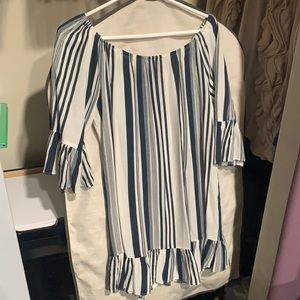 Frazzle blue and white striped dress, off shoulder